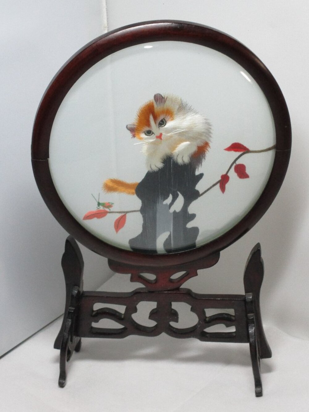 Glass Silk Embroidered Kitten Cat Double-Sided Oriental Asian Style Wood Frame
